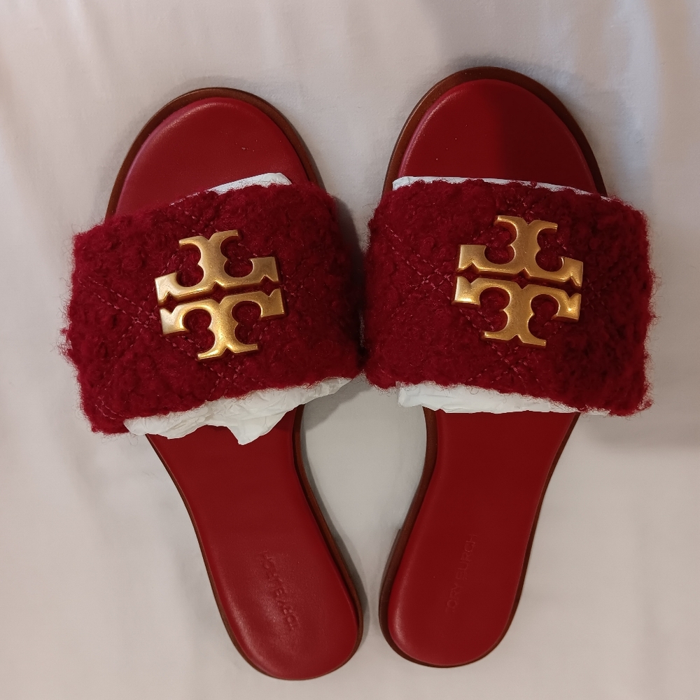 Tory Burch Red Fuzzy Slide Sandals with Gold Logo Hardware